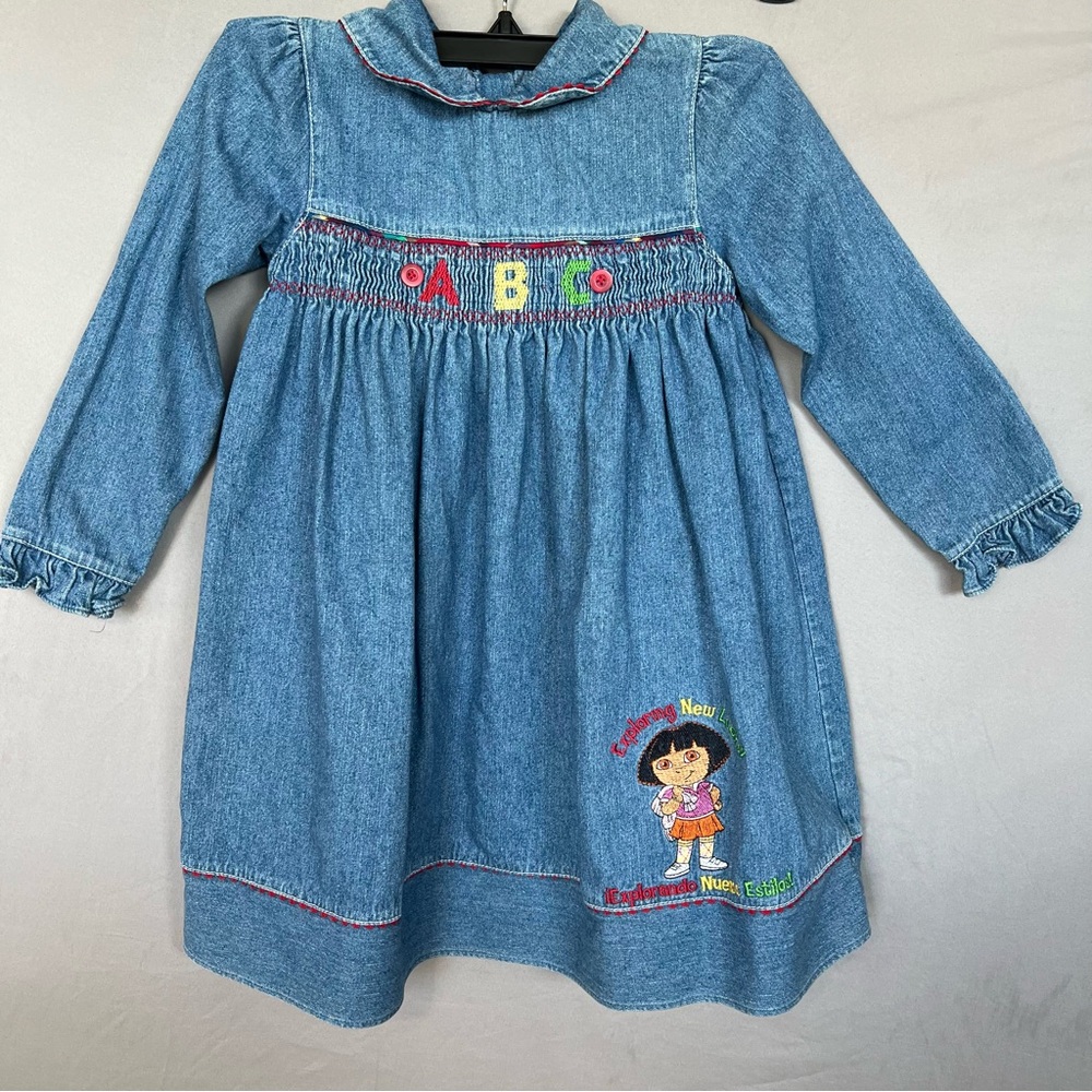 Dora The Explorer Nick JR Vtg Y2K Denim Jean Embroidered Dress Size 6X Girls